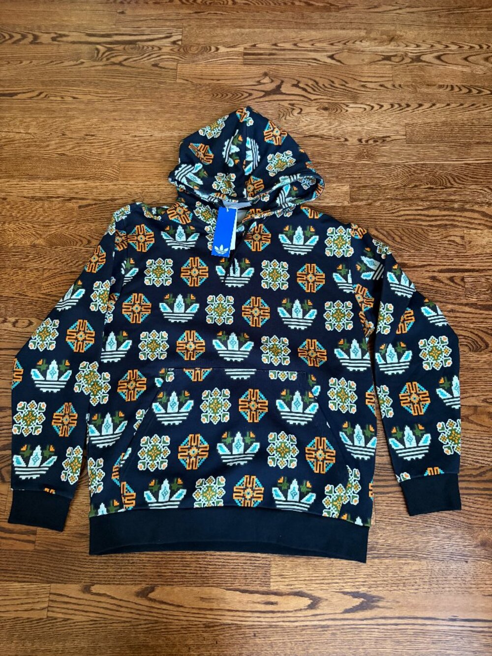 Adidas Mens Size L Black Long Sleeve Tile Allover Print Loose Hoodie Sweatshirt